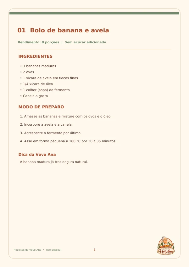 Página do e-book com bolo de banana e aveia