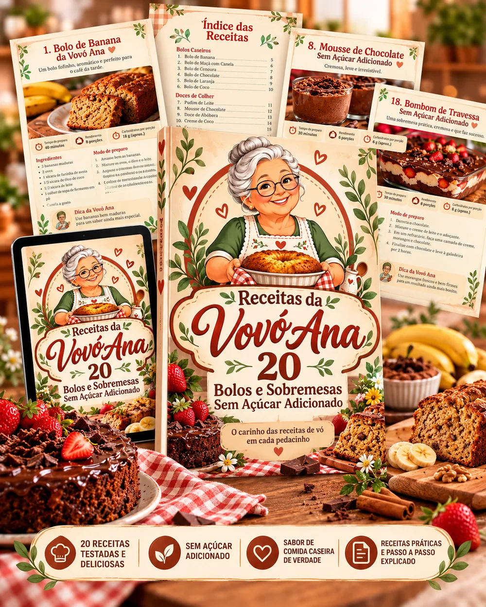 Coleção Receitas da Vovó Ana com bolo e amostras das páginas do e-book