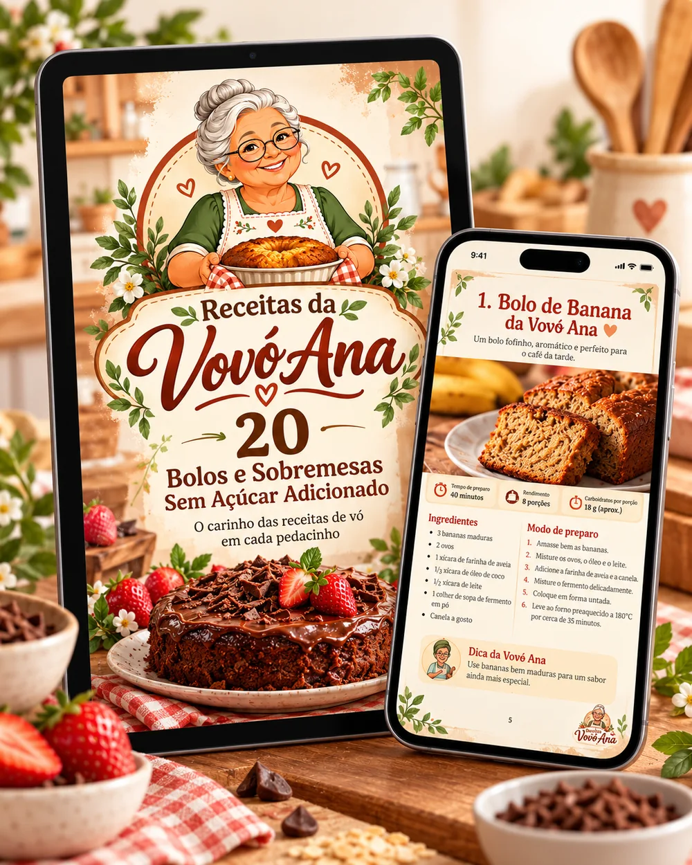 Capa do e-book Receitas da Vovó Ana em tablet e uma página de receita em celular