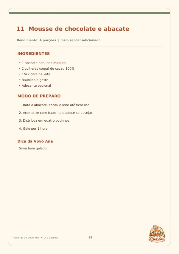 Página do e-book com mousse de chocolate e abacate